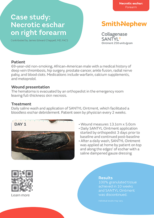 Necrotic eschar on right forearm